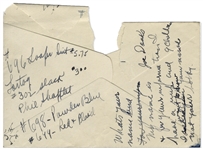 Moe Howard Lot of Handwritten Notes, Signed Once -- Jokes, Phone #'s, Speech Notes, Etc. on 3 Paper Fragments: 4'' x 5.75'' Envelope, 3'' x 4.75'' Paper & 8.5'' x 5.5'' Paper -- Good to Very Good